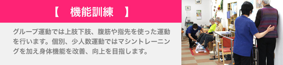 グループ運動では上肢下肢、腹筋や指先を使った運動を行います。個別、少人数運動ではマシントレーニングを加え身体機能を改善、向上を目指します。
